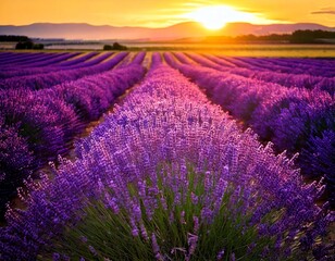 Obraz premium Lavender flowers - Sunset over a summer purple lavender field . Bunch of scented flowers 