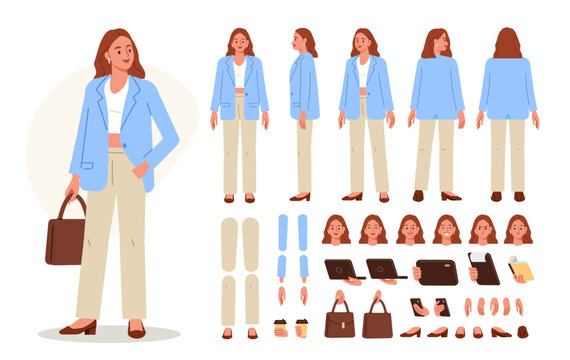 Young casual business woman character constructor for animation. Front, side and back view set. Body parts, postures, poses collection. Vector illustration.