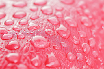 Close-up of droplets on a textured red surface highlighting water condensation details