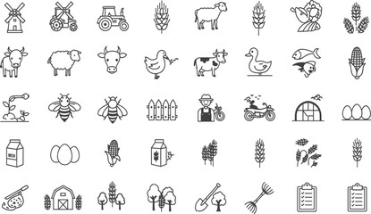 Farming, agriculture icon set. Vector glyph pictograms of tractor, barn, greenhouse, livestock, wheat, crop cultivation, livestock