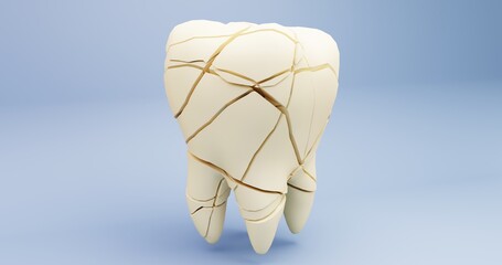 3d illustration of the problem of a cracked tooth. Concept analysis of the content of the tooth problem, caries, dentine lesion, hole