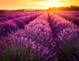 Obraz premium Lavender flowers - Sunset over a summer purple lavender field . Bunch of scented flowers 