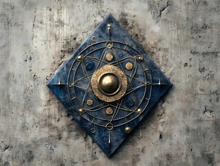 Abstract Celestial Design with Gold and Blue Elements on Textured Gray Background
