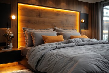 Fototapeta premium Modern solid wood bed headboard with black frame and white backlight on dark oak, featuring gray and beige bedding and a bedside table in a close-up view.