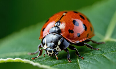 A ladybug sits on the edge of a green leaf, showcasing its distinctive coloration and pattern