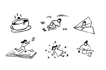 Cute character illustration doodles of business people using gadgets while working and communicating. Outline, thin line art, linear, hand drawn sketch design, simple style © feipco