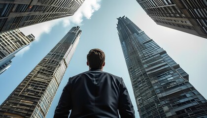 Ambitious businessman gazes at towering skyscrapers in urban landscape inspirational perspective modern city