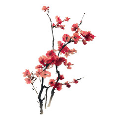 Traditional ink painting style sakura tree branches, Beautiful pink cherry blossom, spring flowers.	