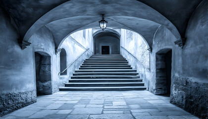 Fototapeta premium Mysterious stone staircase leading upwards under arched passageway, vintage monochrome aesthetic.