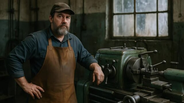 Craftsman in lathe shop wearing leather apron stands confidently by metal lathe machine in industrial workshop metal machine environment