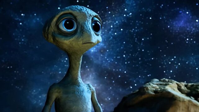 Animated alien character under starry night sky &ndash; 3D render of curious extraterrestrial in cosmic landscape