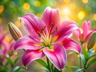 Fototapeta premium Stunning Pink Lily Bloom with Bokeh Background: Easter Lily Hybrid Flower Photography