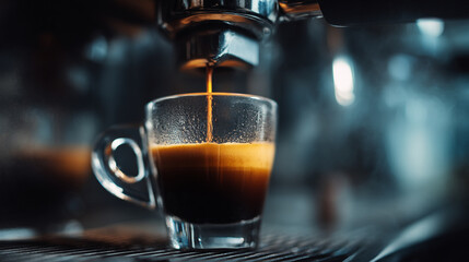 Fototapeta premium Espresso coffee preparation in a modern cafe setting dark brown crema glass cup hot food rich life drink 