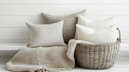 Pillows, Basket, and Blanket in Minimalist White Room with Modern Aesthetic