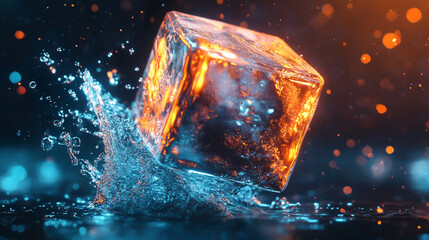 A photorealistic, floating, perfect cube of ice with water splashes, featuring orange and blue colors against a dark background.