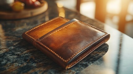 Closed brown leather wallet on a marble surface.