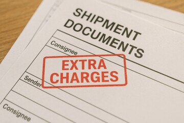 Import Tariffs trade impact concept. Shipping document with "EXTRA CHARGES" highlighted in red.