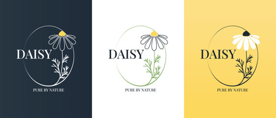 Vector logo of chamomile flower. Modern hand drawn vector daisy icons. Branding concept idea for herbal medicine, essential oil brand identity, herbal tea wellness, and beauty products