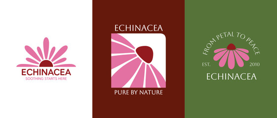 Set of vector logo of Echinacea flower. Branding concept idea for herbal medicine, essential oil brand identity, herbal tea wellness, and beauty products