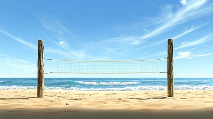 beach volleyball net set up on the sandy shore with ocean waves and blue sky in the background