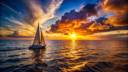 Fototapeta premium Sunset Sailboat Voyage: Dramatic Seascape at Golden Hour