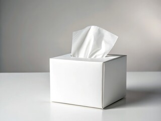 Blank Tissue Box Mockup. A tissue box with a single tissue partially pulled out, set against a neutral background.