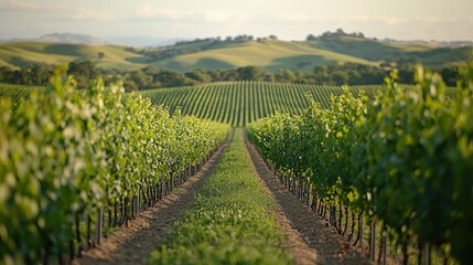 Lush vineyard rows stretch towards rolling hills under a soft sunset.