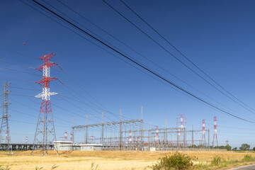 Ribatejo ren cutting station - pcrj - distributing electricity on a sunny day in carregado, portugal