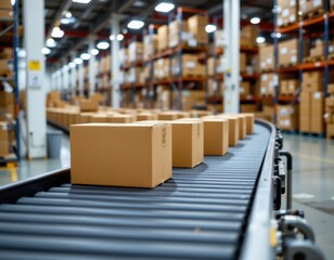 Obraz premium close up of multiple cardboard box packages smoothly moving along a conveyor belt in a warehouse fulfillment center