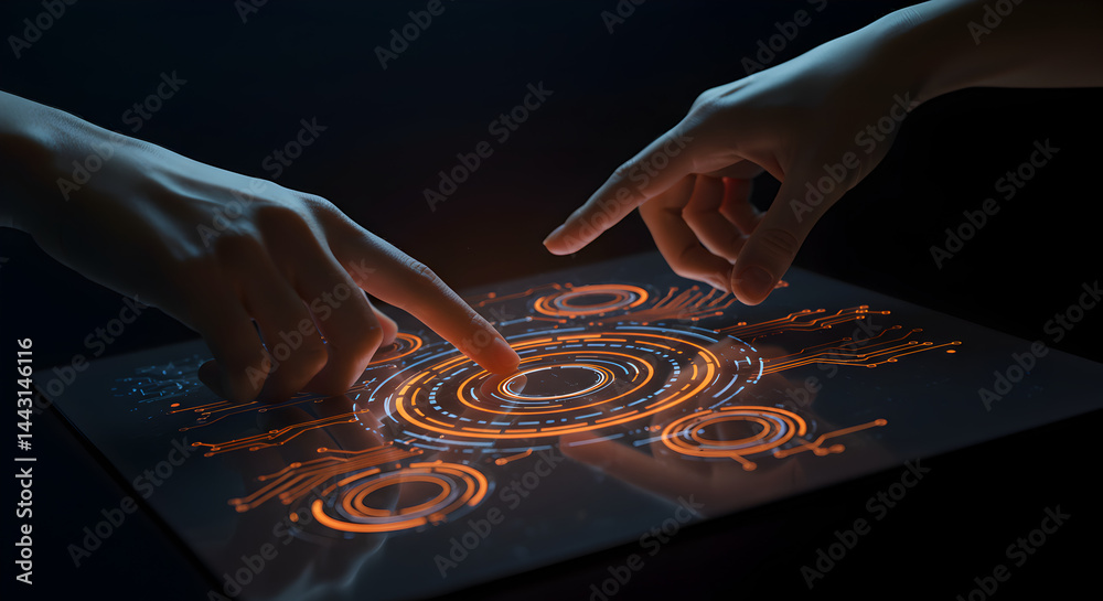 Poster hands interacting with glowing futuristic touchscreen interface featuring abstract circular data vis