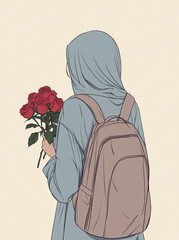 
A girl wearing a hijab, holding a rose in her hand, with a backpack on her back. 