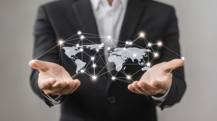 Digital technology, businessman holding Global network connection. Big data analytics and business intelligence. World map point and line composition of global business. innovation,