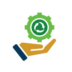 recycling icon. gear symbol with sustainable in hand. reuse, eco, second hand, green energy. web icon. solid design style
