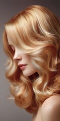 Fototapeta premium Strawberry blonde hair with highlights, profile of woman with professional salon hairstyle.