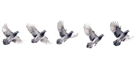 Many gray pigeons flying in a horizontal row against a white background.