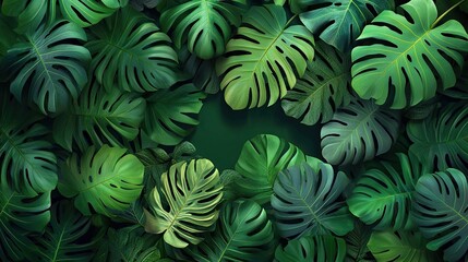 Many large, green patterned leaves on a dark green background, showcasing tropical plants