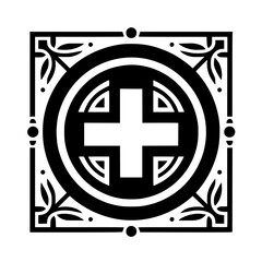 Black and White Geometric Cross Design, Ornate Frame, Minimalist Style