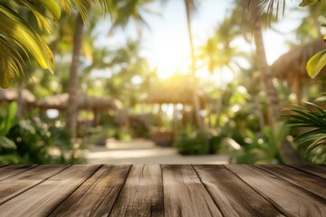 Fototapeta premium Serene tropical paradise backdrop with palm trees and wooden deck evoking relaxation and vacation vibes suitable for travel and lifestyle photography and design projects