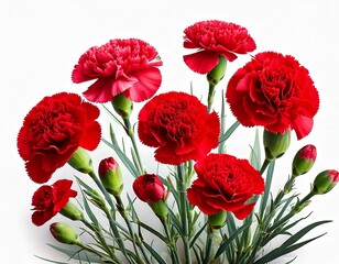 Fototapeta premium Panoramic view with carnation schabaud. Set red flowers, green stems