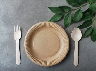 generativeAI set biodegradable tableware. green leaves - symbol of ecology/nature. set eco-friendly disposable plates natural materials.waste recycling, environmental protection; ecology