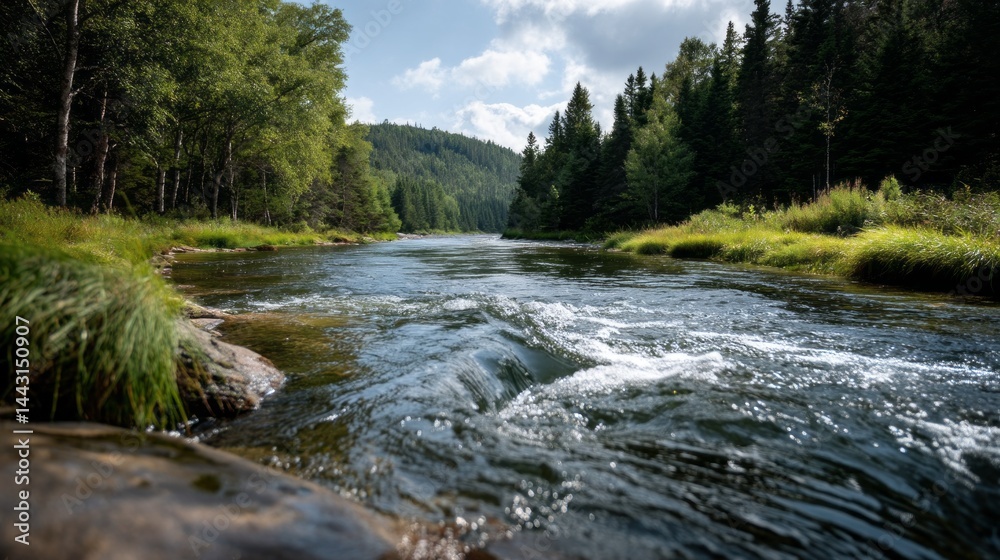 Poster a winding river flows steadily through a lush green forest, reflecting sunlight and surrounded by ta