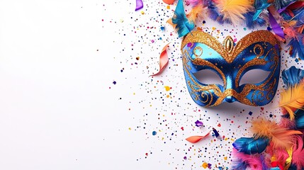 Mardi Gras Carnival Celebration with Glowing Masks and Confetti on Soft White Background for Design