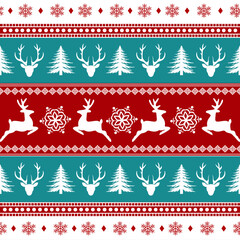 Nordic Christmas pattern with reindeer, snowflakes, pine trees, and geometric decorations in red, white, and teal, perfect for winter holiday designs.