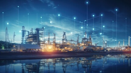 Fototapeta premium Modern factory, communication network. Telecommunication. IoT, Internet of Things, ICT, Information communication Technology,. Smart factory. Digital transformation, cloud connecting,