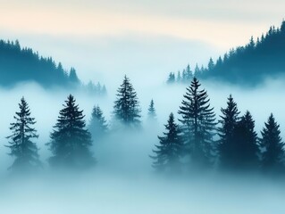 A breathtaking valley floor blanketed in morning fog, trees appearing like silhouettes in the mist