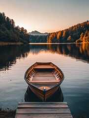 Fototapeta premium Serene lake landscape with a wooden rowboat on a dock reflecting the warm light of sunset surrounded by autumn trees and distant mountains