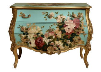 Exquisite Louis XV bombe commode, ornate golden frame and soft turquoise base adorned with hand-painted floral motifs.