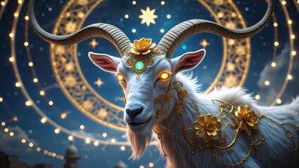 Fantasy goat with celestial symbols and gold floral ornaments walking under starry night during Eid al-Adha, cosmic spiritual style, mythical creature concept, glowing eyes, dramatic lighting