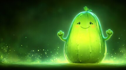 Cartoon cucumber character glows in vibrant green background