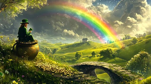 Mystical leprechaun journey across enchanted hills with vibrant rainbow